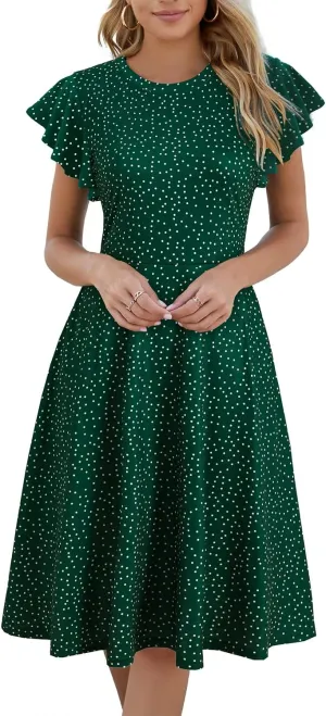 HELYO Women's Semi-Formal Ruffle Sleeves V-Back Work Fit and Flare Cocktail Wedding Guest Dress with Pockets 842