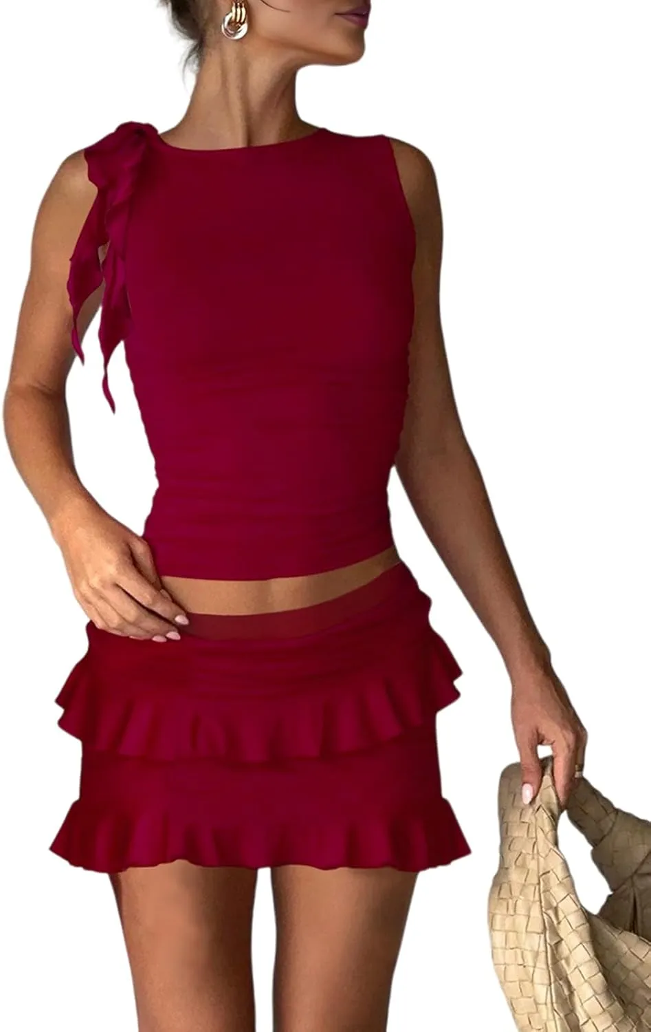 HESUUIO Women's Two Piece Skirt Set Summer High Waist Ruffle Y2K Mini Skirts Sleeveless Crop Tops Going Out Outfits