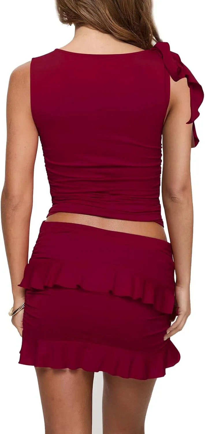 HESUUIO Women's Two Piece Skirt Set Summer High Waist Ruffle Y2K Mini Skirts Sleeveless Crop Tops Going Out Outfits