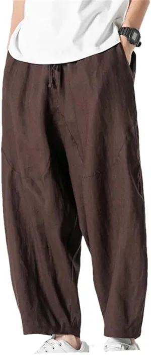 Hgvcfcv Linen Harem Pants Summer Casual Wide-Leg Jogging Pants Oversized Streetwear Breathable Men Loose Trousers