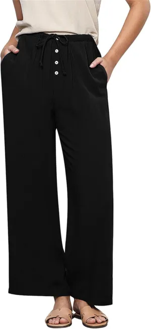 Hixiaohe Womens Linen Pants Summer Flowy Palazzo Trousers Casual Loose Wide Leg Pants High Waist Drawstring Beach Outfits