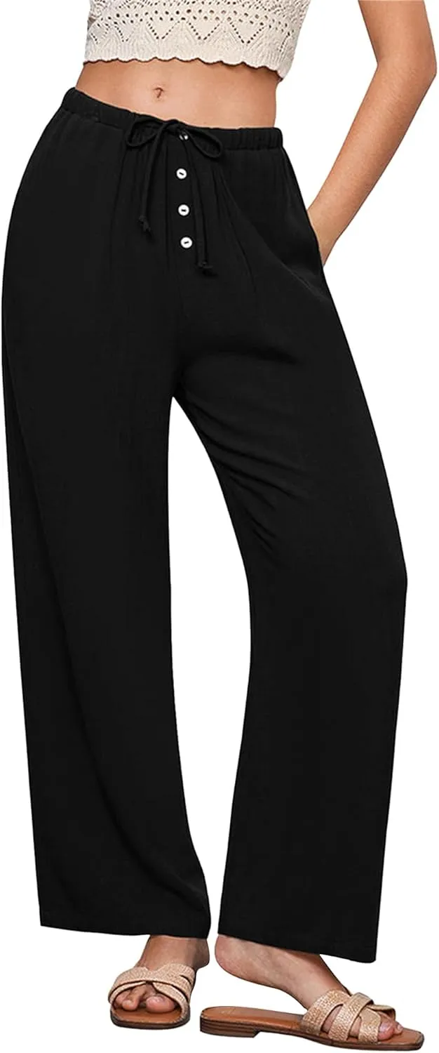 Hixiaohe Womens Linen Pants Summer Flowy Palazzo Trousers Casual Loose Wide Leg Pants High Waist Drawstring Beach Outfits