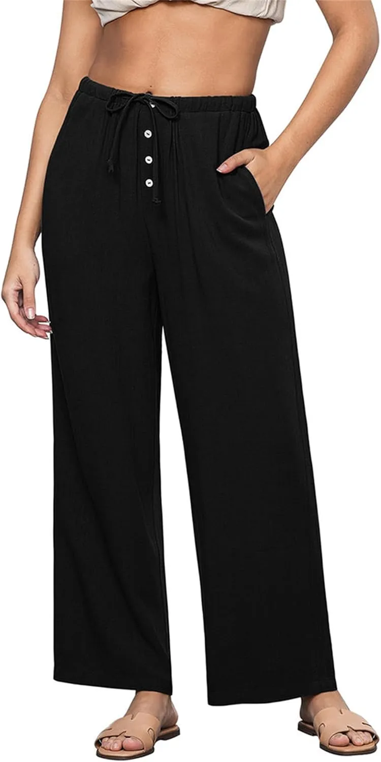 Hixiaohe Womens Linen Pants Summer Flowy Palazzo Trousers Casual Loose Wide Leg Pants High Waist Drawstring Beach Outfits