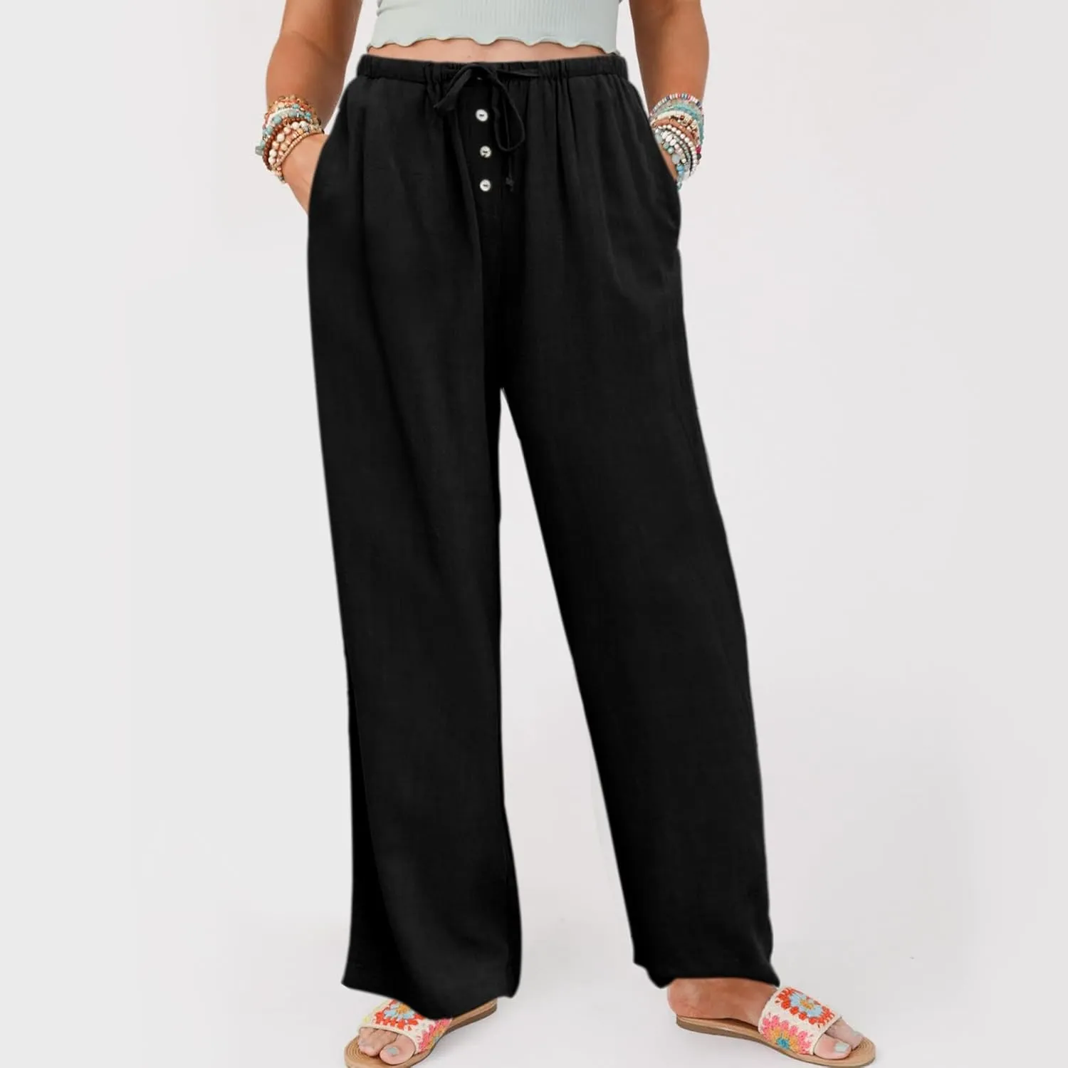 Hixiaohe Womens Linen Pants Summer Flowy Palazzo Trousers Casual Loose Wide Leg Pants High Waist Drawstring Beach Outfits