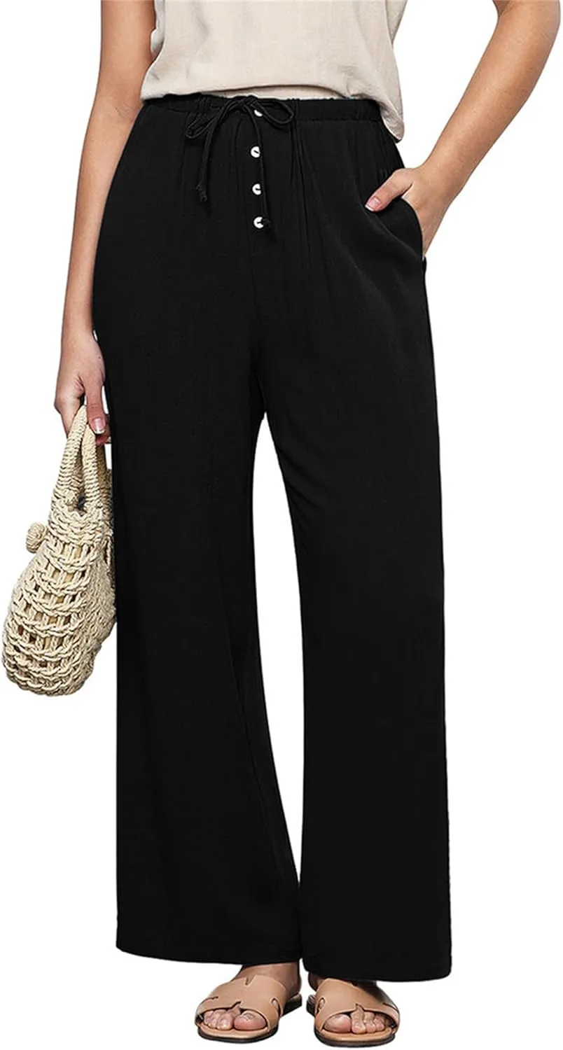 Hixiaohe Womens Linen Pants Summer Flowy Palazzo Trousers Casual Loose Wide Leg Pants High Waist Drawstring Beach Outfits