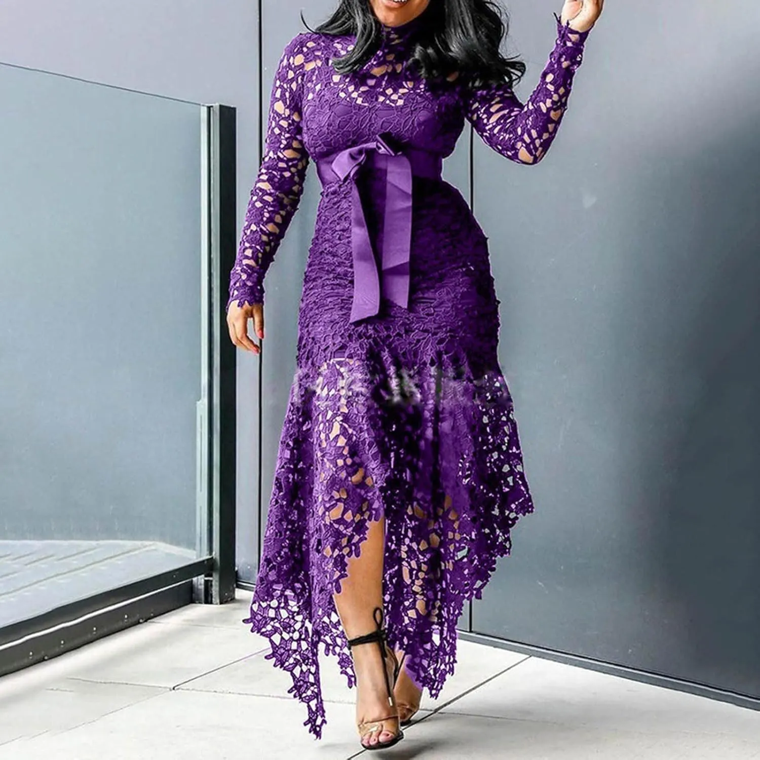 Hollow Floor-Length Lace-Up Asymmetrical Women's Maxi Dress Sexy Lace Dress Party Evening Dress 2025 Fashion