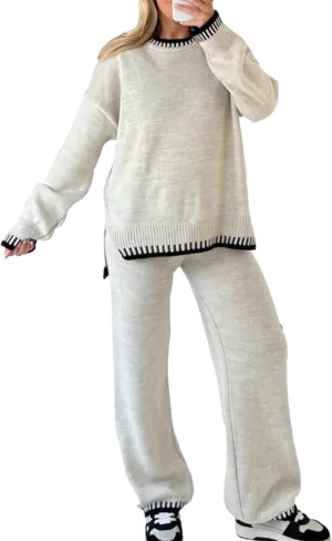 HOULENGS Women's Casual 2 Piece Sweater Sets Long Sleeve Pullover Tops and Wide Leg Pants Loungewear Tracksuits