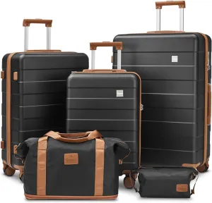imiomo Hard Shell Luggage Sets 5 Piece for Women, Lightweight Hardside Rolling Suitcase Set with Spinner Wheels and TSA Lock, Black