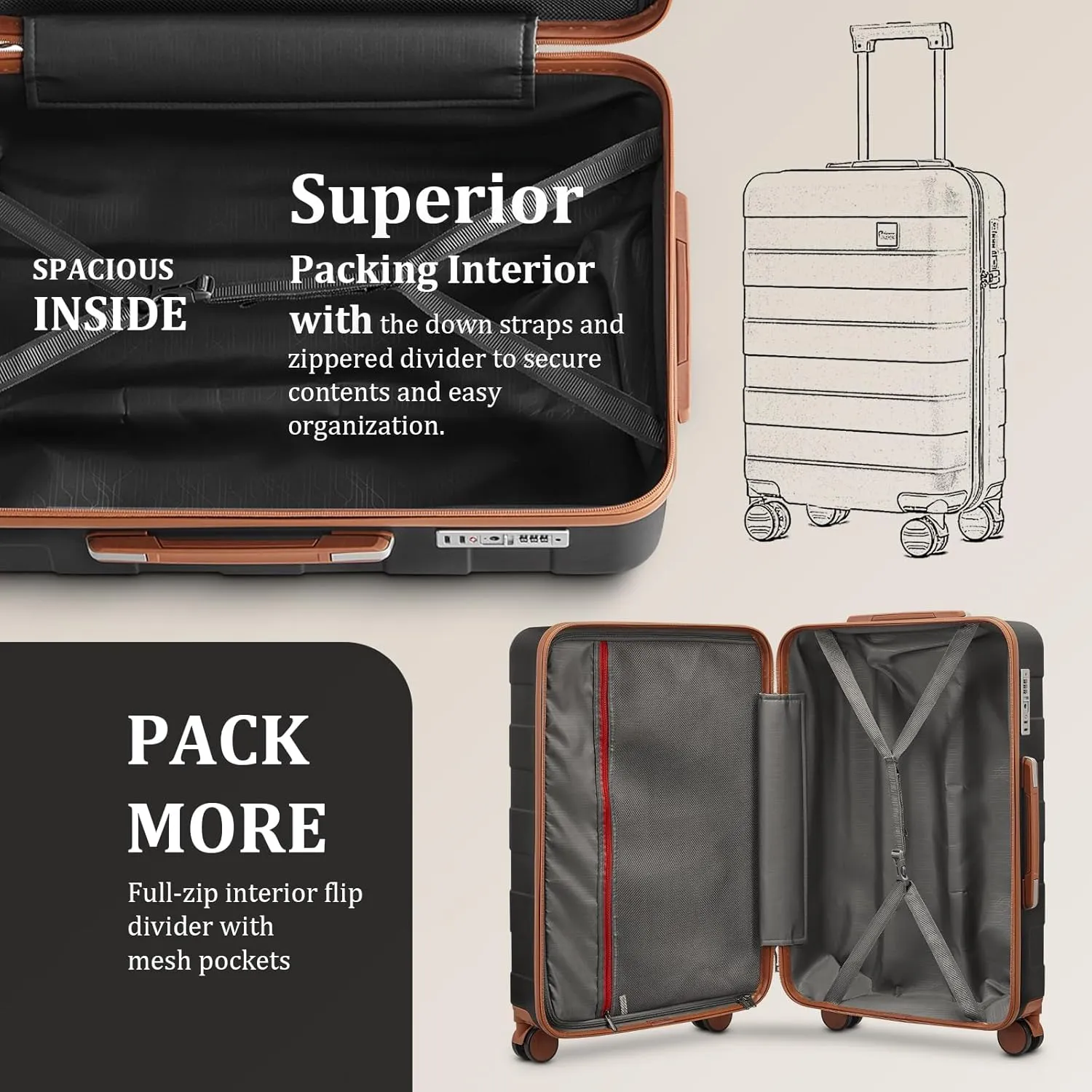 imiomo Hard Shell Luggage Sets 5 Piece for Women, Lightweight Hardside Rolling Suitcase Set with Spinner Wheels and TSA Lock, Black