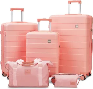 imiomo Hard Shell Luggage Sets 5 Piece for Women, Lightweight Hardside Rolling Suitcase Set with Spinner Wheels and TSA Lock, Pink