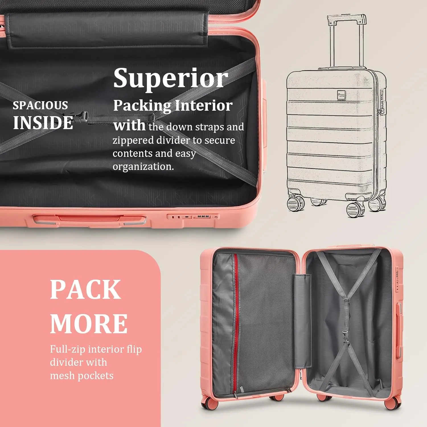 imiomo Hard Shell Luggage Sets 5 Piece for Women, Lightweight Hardside Rolling Suitcase Set with Spinner Wheels and TSA Lock, Pink