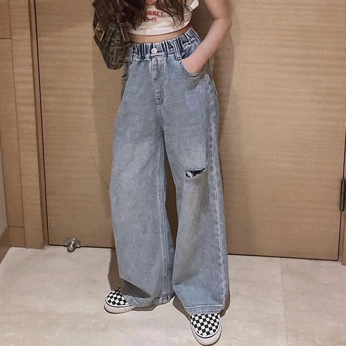 Kids Girls Ripped Distressed Washed Baggy Wide Leg Casual Jeans Size 5-14 yrs