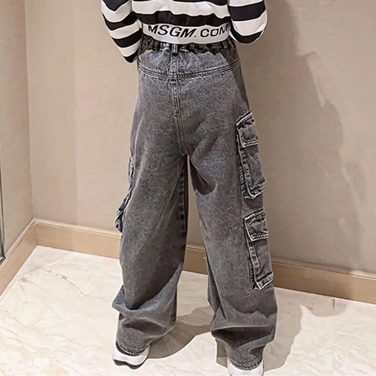 Kids Girls Ripped Distressed Washed Baggy Wide Leg Casual Jeans Size 5-14 yrs