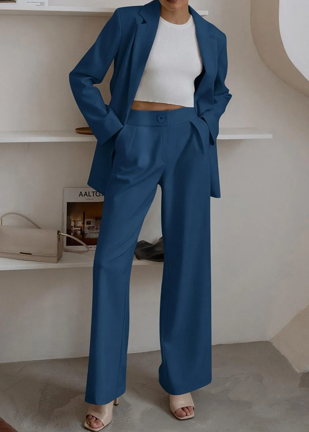 KIRUNDO Women's 2025 Spring Fall 2 Piece Blazer Set Casual Loose Long Blazer Jackets and Dressy Wide Leg Pant Suits Pockets