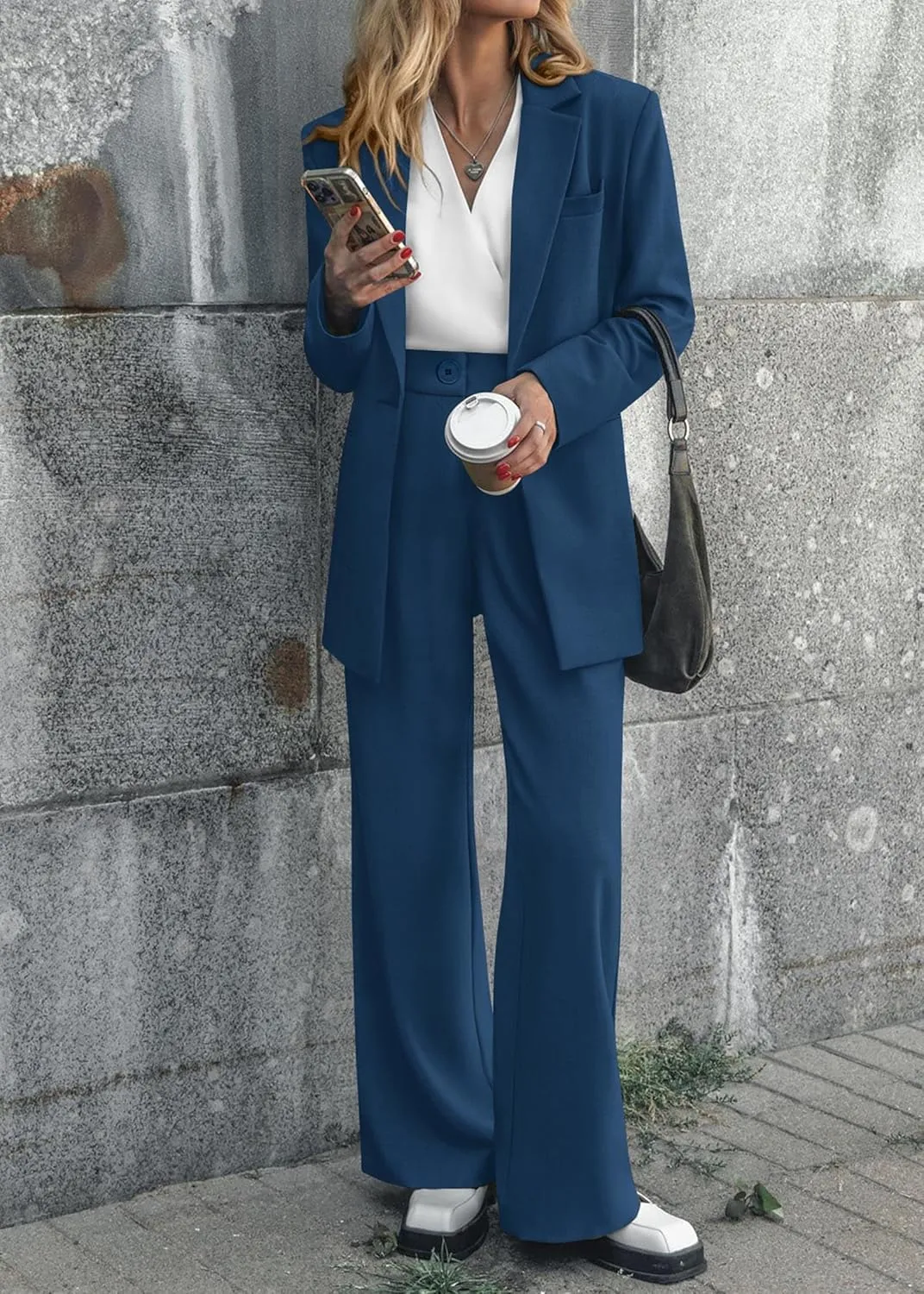 KIRUNDO Women's 2025 Spring Fall 2 Piece Blazer Set Casual Loose Long Blazer Jackets and Dressy Wide Leg Pant Suits Pockets