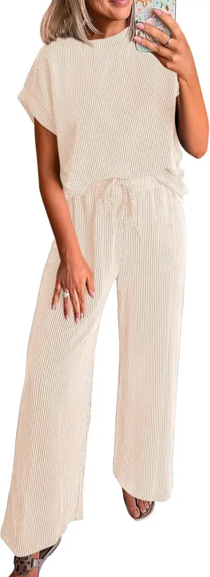 KIRUNDO Womens Summer 2 Piece Outfits Casual Ribbed Knit Short Sleeve Tops Wide Leg Pants Lounge Sets Tracksuit Sweatsuit