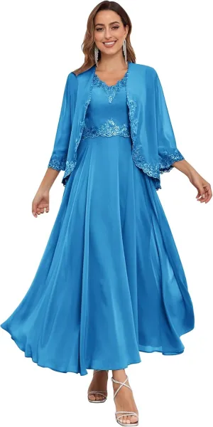 Lace Sequin 2 Piece Mother of The Bride Dresses with Jackets Chiffon 3/4 Sleeve Formal Gowns for Wedding