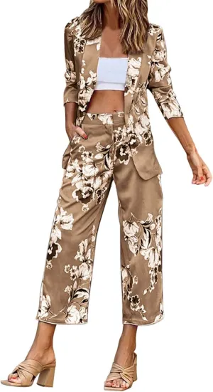 Ladies Casual Printed 3/4 Sleeve Suit Top Suit Pants Set Dressy Jumpsuits for Women Evening Party