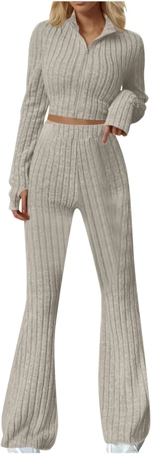 Lastesso Pajamas for Women Set Fitted Long Sleeve Knit Tops Clothing Matching Long Pants Casual Two-Piece Loungewear Outfits