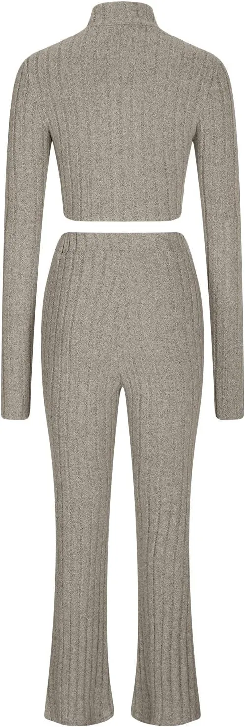 Lastesso Pajamas for Women Set Fitted Long Sleeve Knit Tops Clothing Matching Long Pants Casual Two-Piece Loungewear Outfits