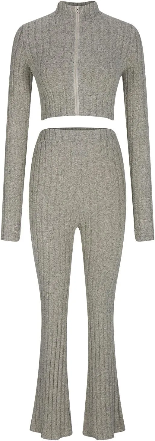 Lastesso Pajamas for Women Set Fitted Long Sleeve Knit Tops Clothing Matching Long Pants Casual Two-Piece Loungewear Outfits