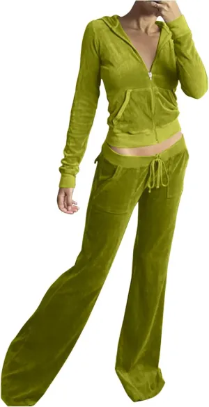 Lastesso Sweatsuit Set for Women Velour Tracksuit Solid Slim Fit Jackets with Wid Leg Trousers Trendy Y2K Lounge 2 Piece Sets