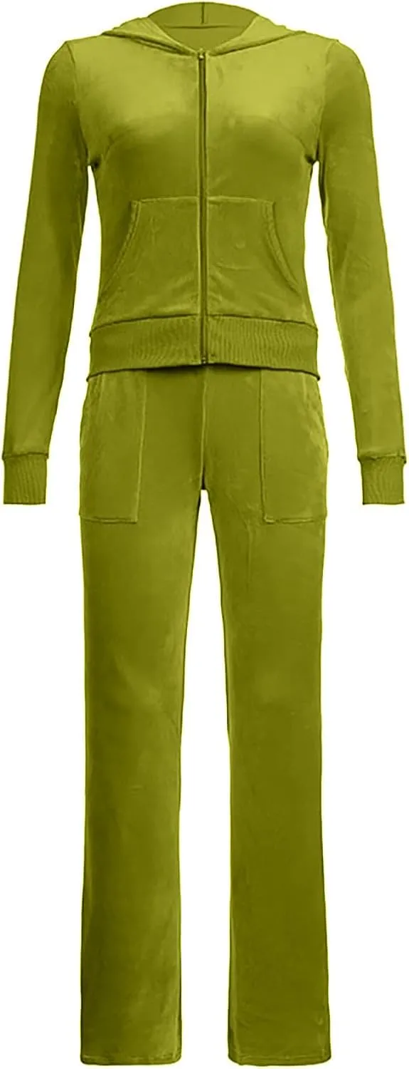 Lastesso Sweatsuit Set for Women Velour Tracksuit Solid Slim Fit Jackets with Wid Leg Trousers Trendy Y2K Lounge 2 Piece Sets