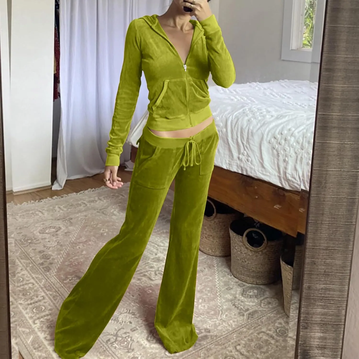 Lastesso Sweatsuit Set for Women Velour Tracksuit Solid Slim Fit Jackets with Wid Leg Trousers Trendy Y2K Lounge 2 Piece Sets