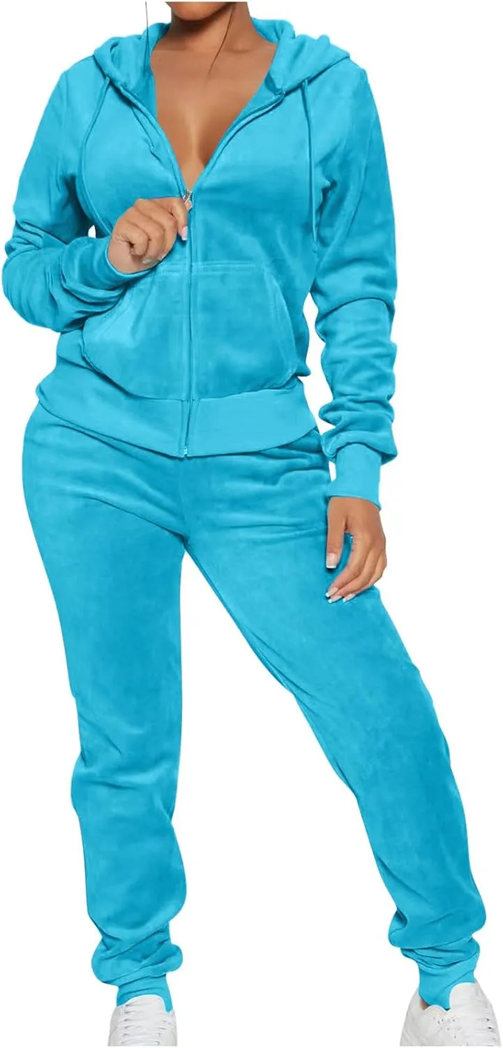 Lastesso Velour Tracksuit Womens Solid Color 2 Piece Tracksuit Zip Up Long Sleeve Tops Long Sweatpants Outfits Lounge Sets