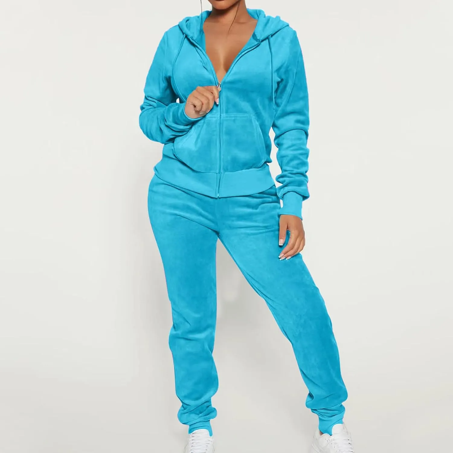 Lastesso Velour Tracksuit Womens Solid Color 2 Piece Tracksuit Zip Up Long Sleeve Tops Long Sweatpants Outfits Lounge Sets