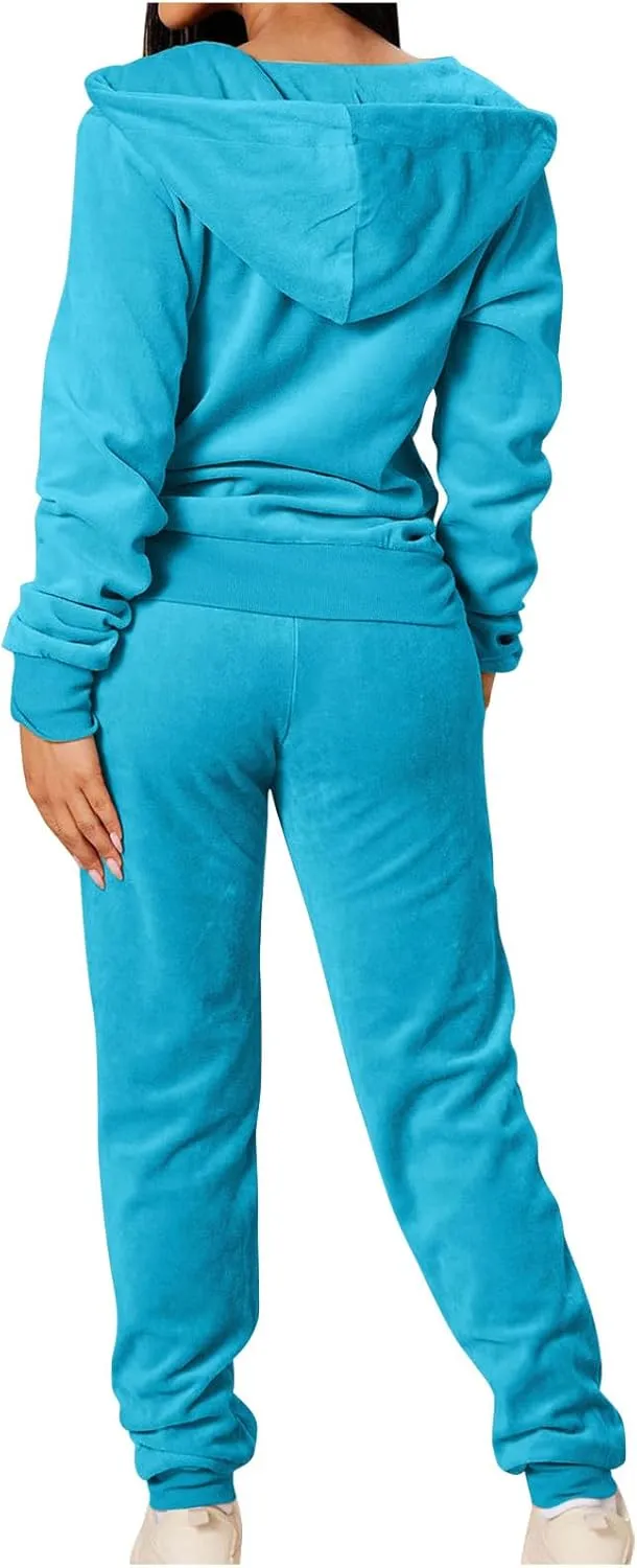 Lastesso Velour Tracksuit Womens Solid Color 2 Piece Tracksuit Zip Up Long Sleeve Tops Long Sweatpants Outfits Lounge Sets