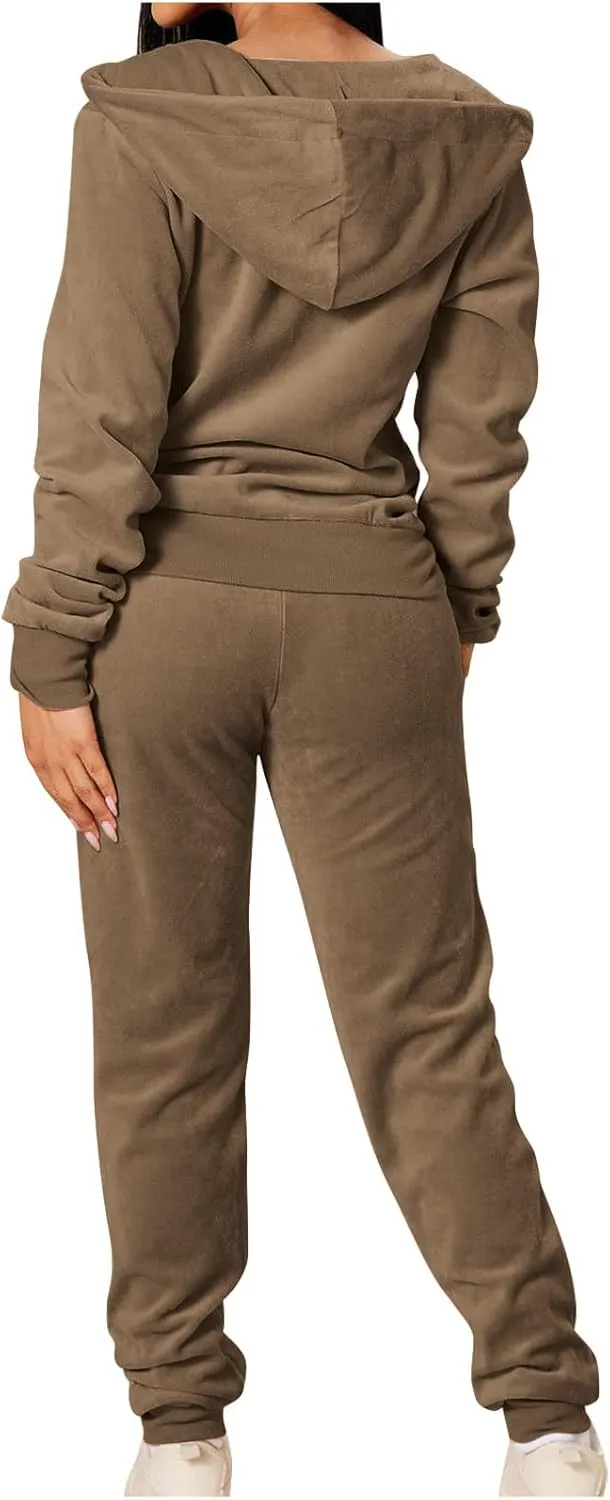 Lastesso Velour Tracksuit Womens Solid Color 2 Piece Tracksuit Zip Up Long Sleeve Tops Long Sweatpants Outfits Lounge Sets