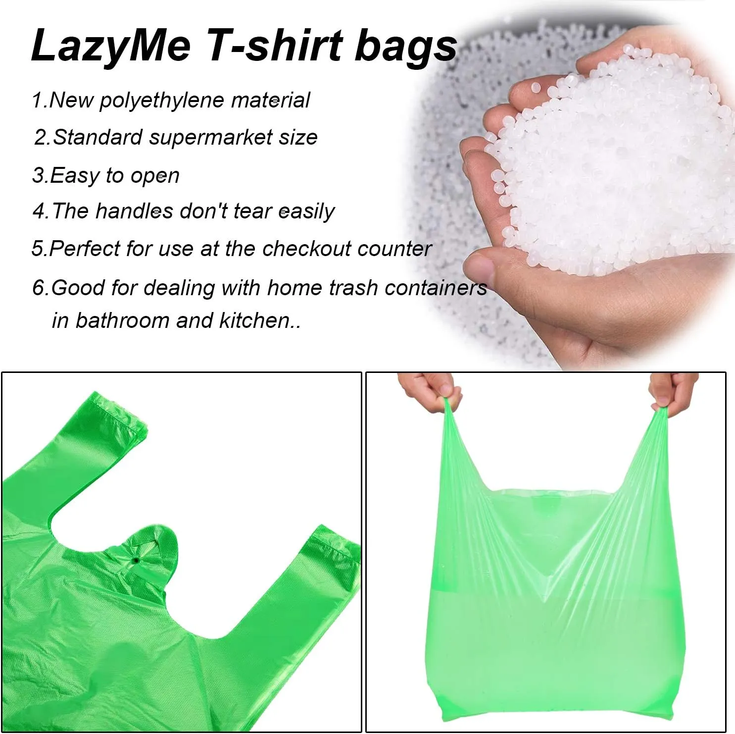 LazyMe T Shirt Bags, Plastic Bags with Handles for Grocery, Retail and St. Patrick's Day, Bolsas De Plastico Para Negocio, 12x20 Inch (Green, 50pcs)