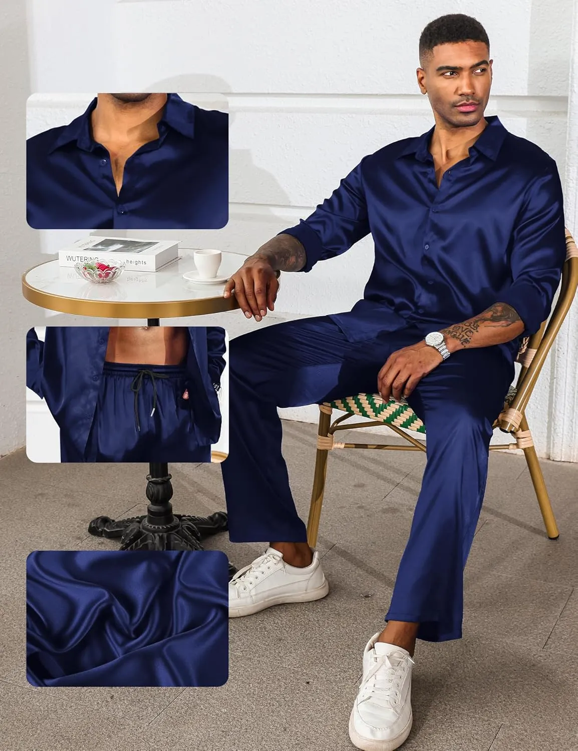 LecGee Men's Satin 2 Piece Outfits Lapel Long Sleeve Button Down Tops Jogger Pants Sets With Pocket Prom Club Party