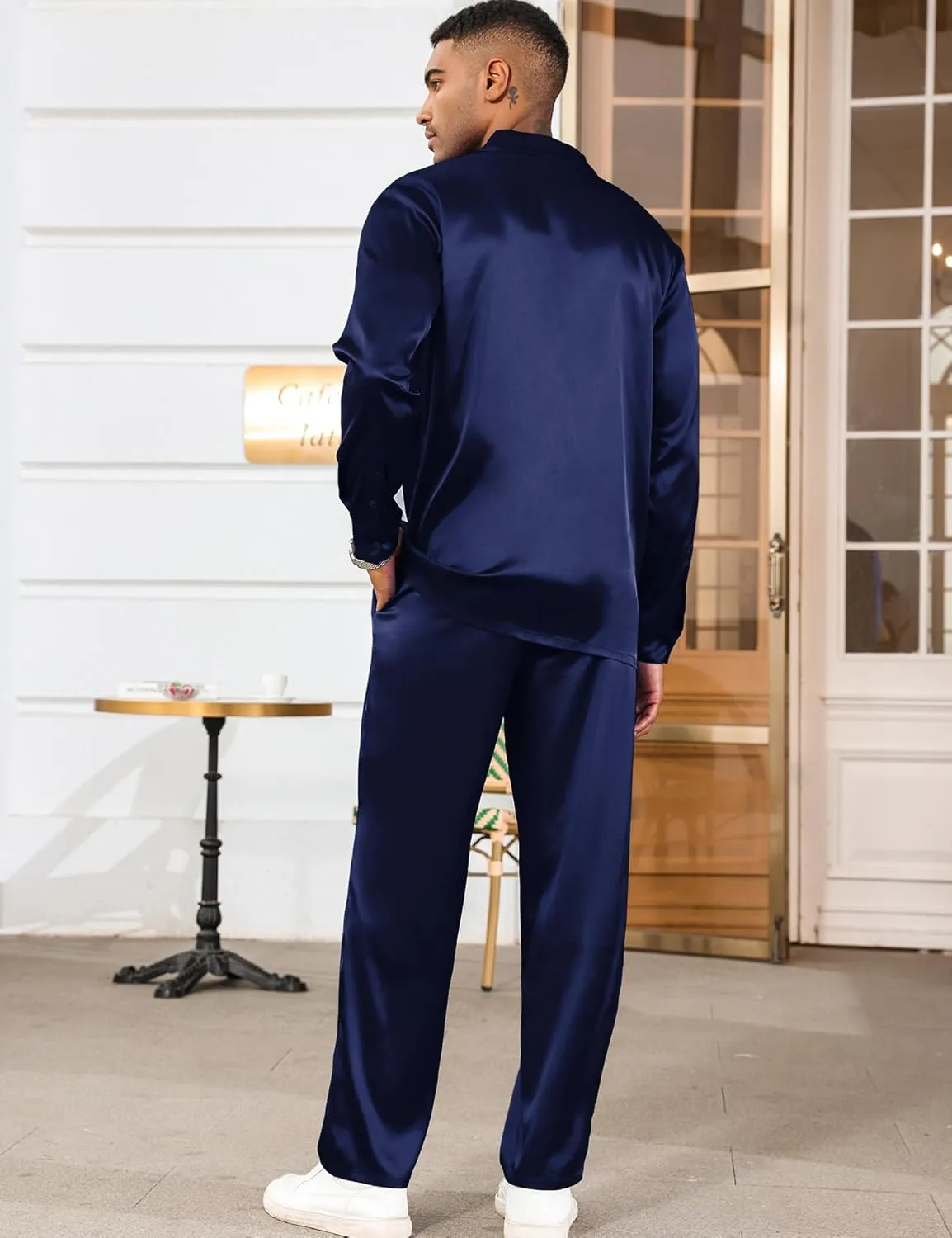 LecGee Men's Satin 2 Piece Outfits Lapel Long Sleeve Button Down Tops Jogger Pants Sets With Pocket Prom Club Party