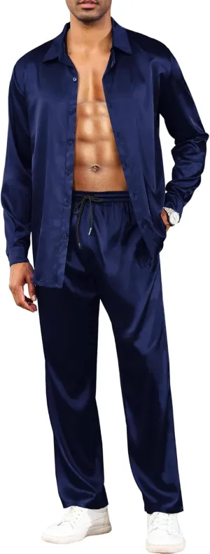 LecGee Men's Satin 2 Piece Outfits Lapel Long Sleeve Button Down Tops Jogger Pants Sets With Pocket Prom Club Party