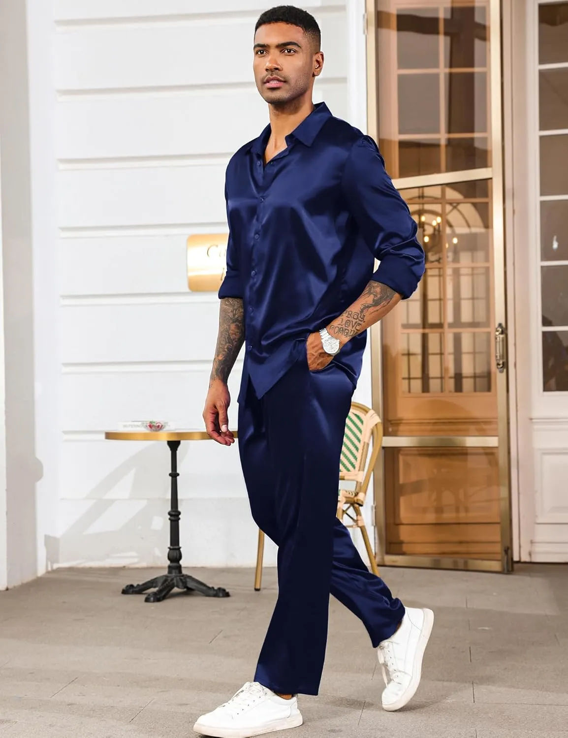 LecGee Men's Satin 2 Piece Outfits Lapel Long Sleeve Button Down Tops Jogger Pants Sets With Pocket Prom Club Party