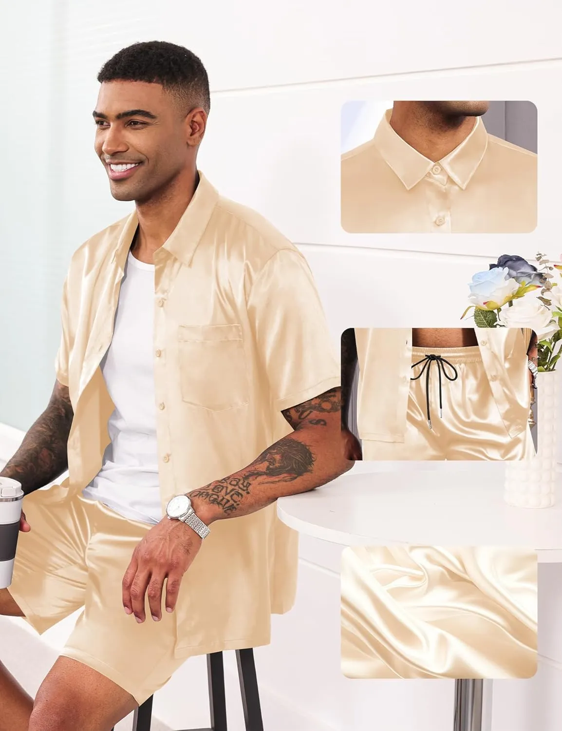 LecGee Men's Satin 2 Piece Outfits Lapel Shirt and Shorts Short Sleeve Button Down Tracksuit Luxury Set Prom Club Party