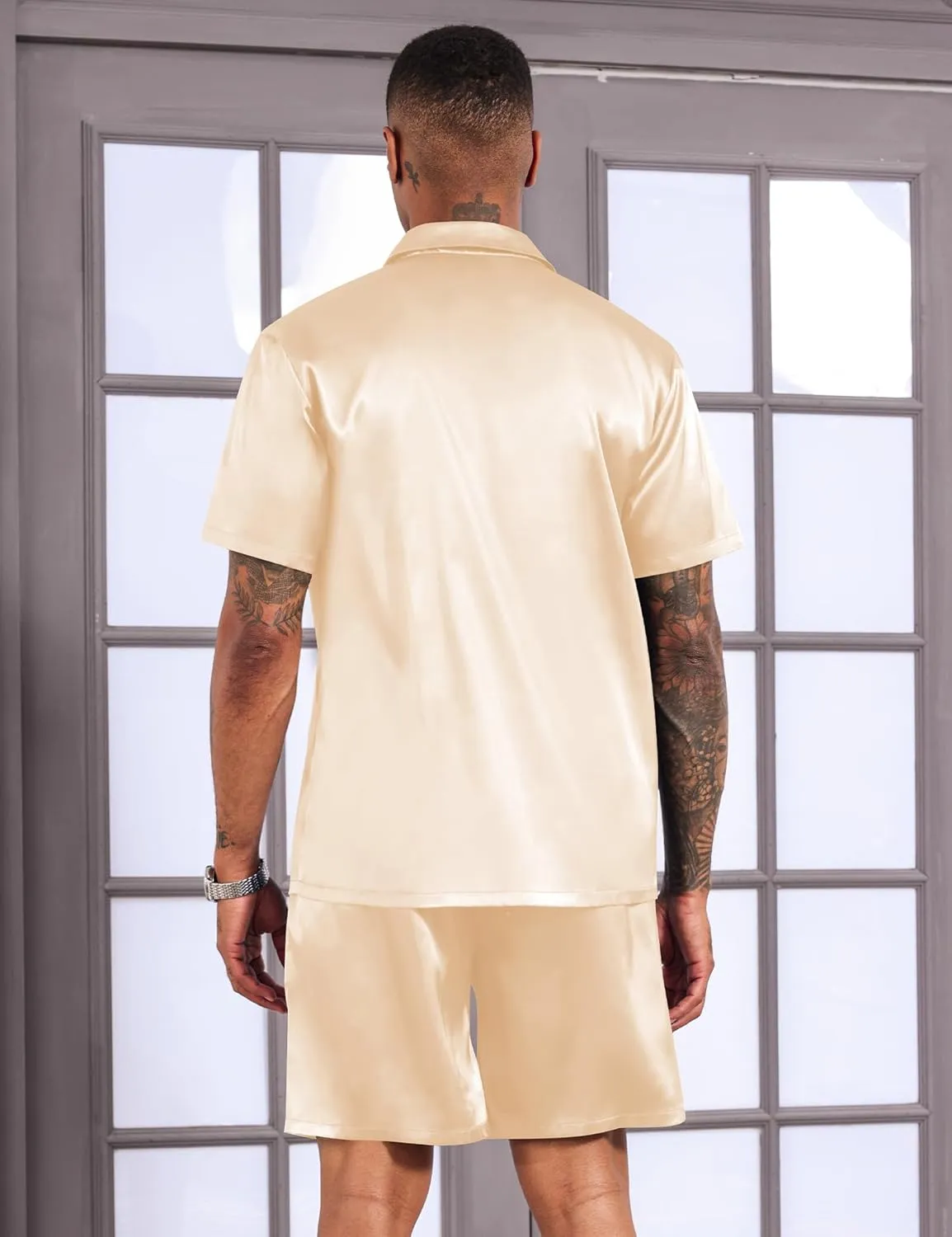 LecGee Men's Satin 2 Piece Outfits Lapel Shirt and Shorts Short Sleeve Button Down Tracksuit Luxury Set Prom Club Party