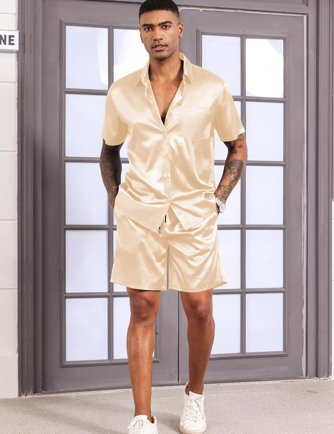 LecGee Men's Satin 2 Piece Outfits Lapel Shirt and Shorts Short Sleeve Button Down Tracksuit Luxury Set Prom Club Party