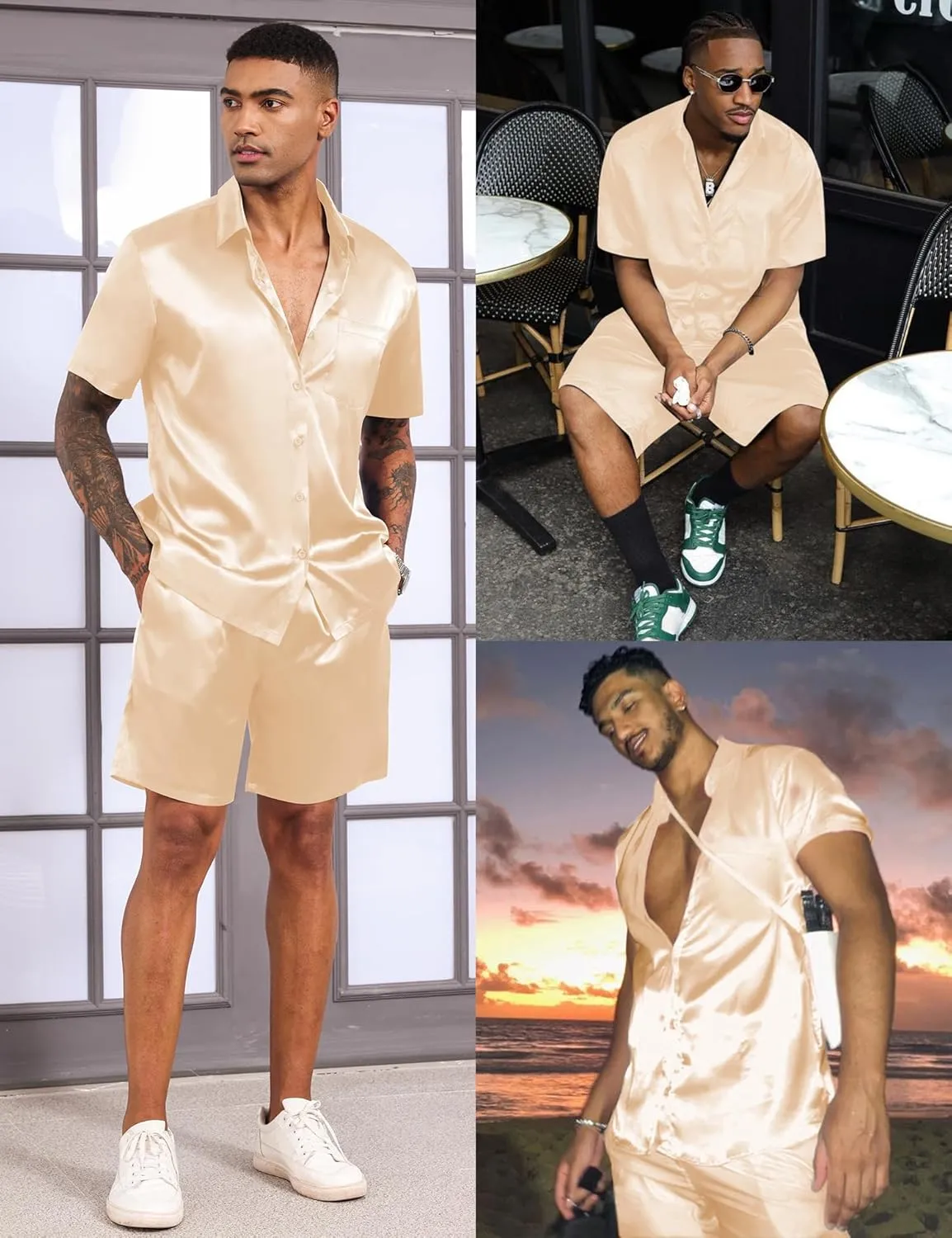 LecGee Men's Satin 2 Piece Outfits Lapel Shirt and Shorts Short Sleeve Button Down Tracksuit Luxury Set Prom Club Party