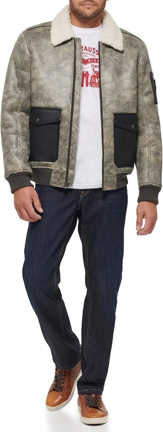 Levi's mens Faux Leather Aviator Bomber Jacket With Sherpa Lined Collar