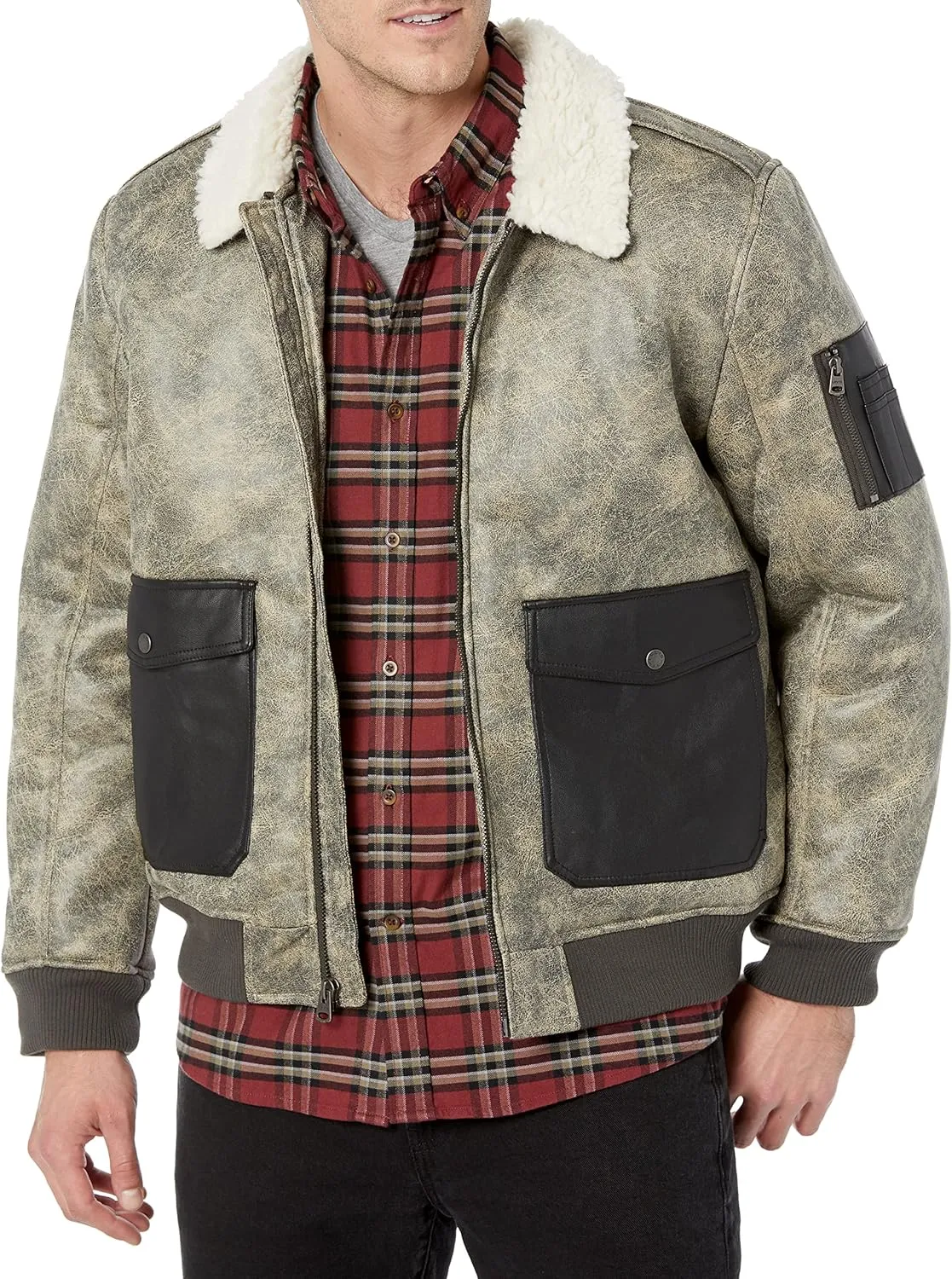 Levi's mens Faux Leather Aviator Bomber Jacket With Sherpa Lined Collar
