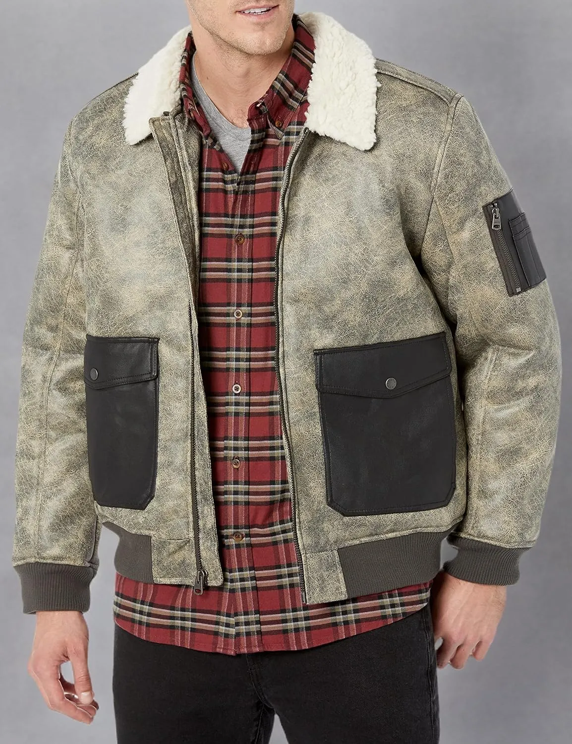 Levi's mens Faux Leather Aviator Bomber Jacket With Sherpa Lined Collar