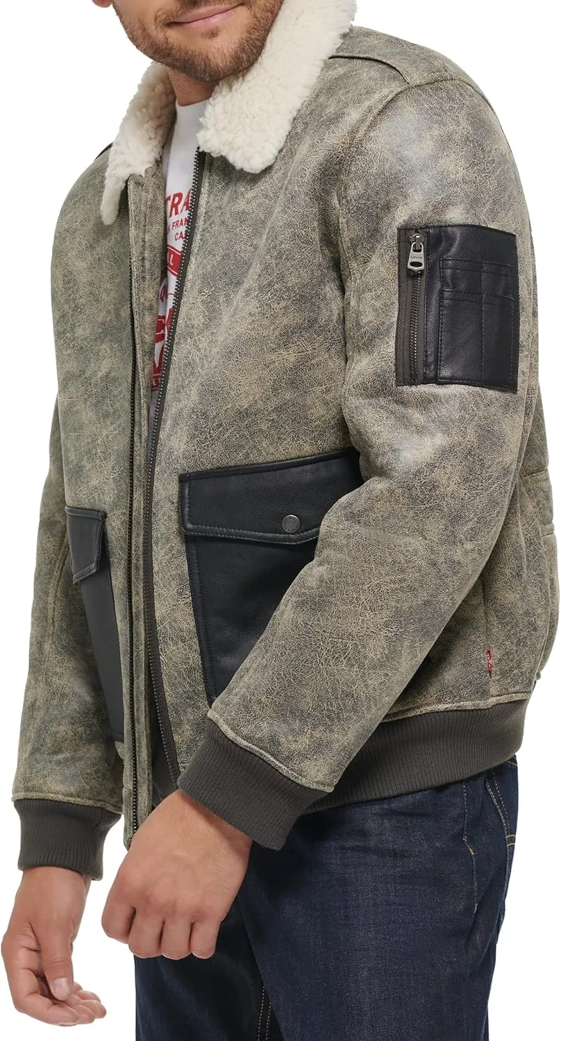 Levi's mens Faux Leather Aviator Bomber Jacket With Sherpa Lined Collar