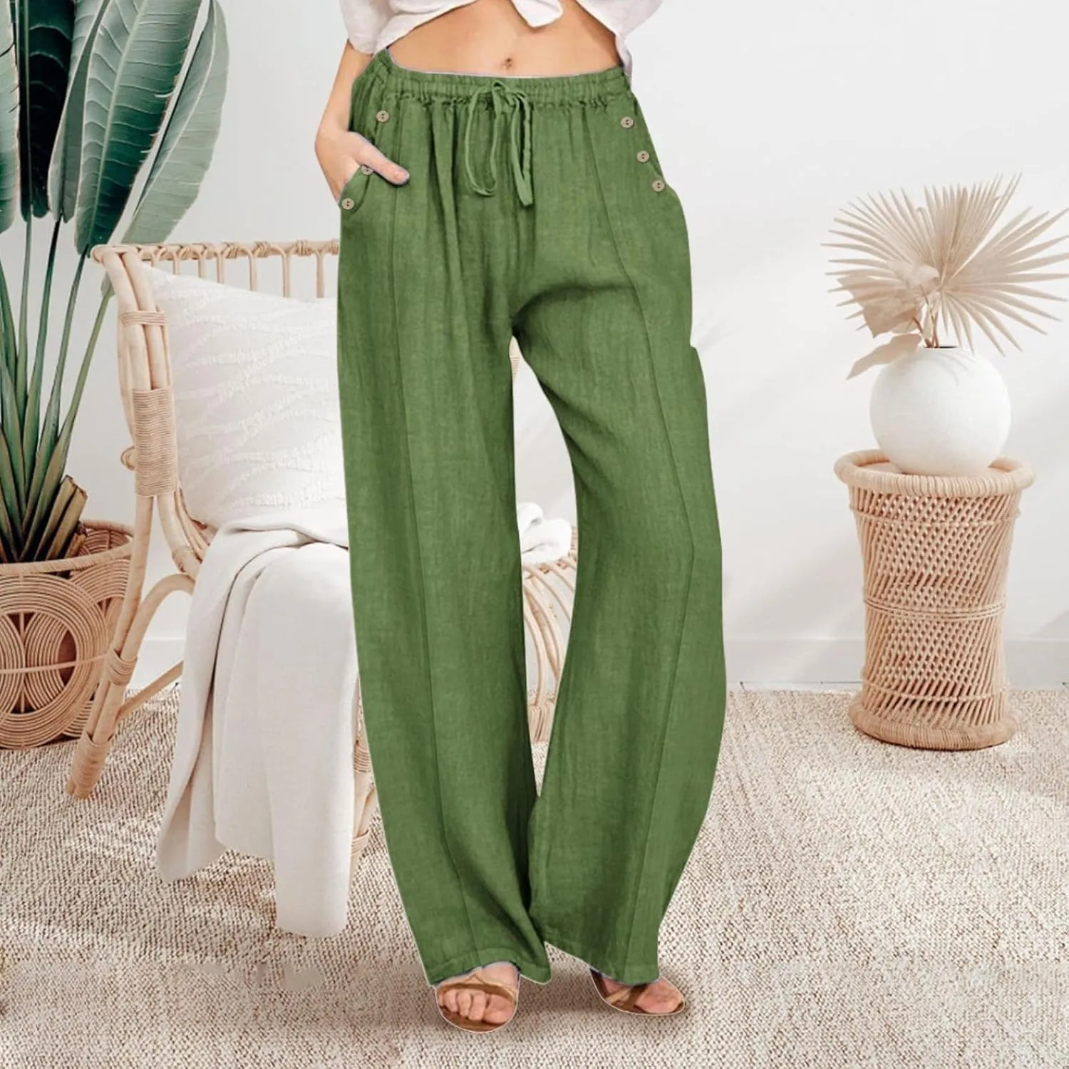 Linen Pants Women Plus Size Palazzo Pants Wide Leg Pant Loose Fit Casual Comfy Lounge Flowy High Waist Trousers