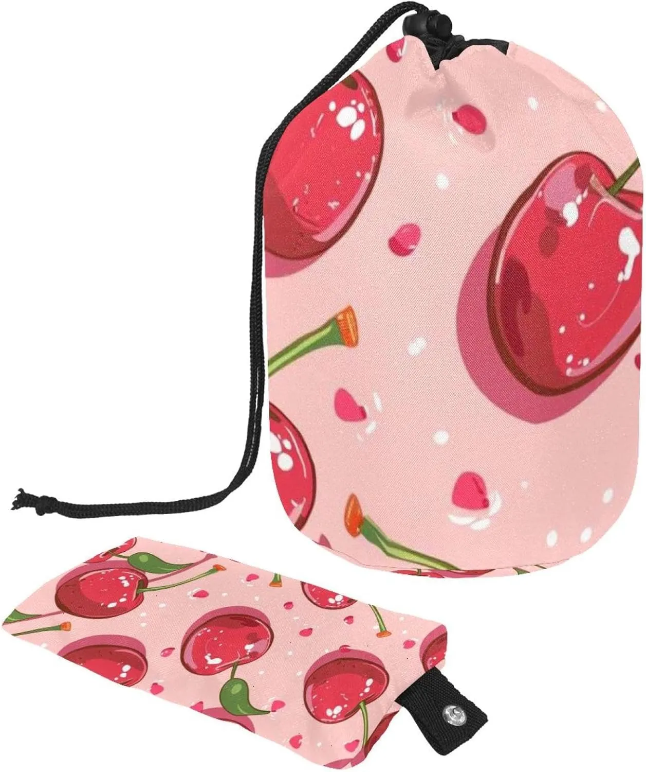 Little Pink Red Cherry Travel Cosmetic Bags Makeup Bag for Women, Foldable Drawstring Travel Cosmetic Bags, Portable Toiletry Bucket Bag