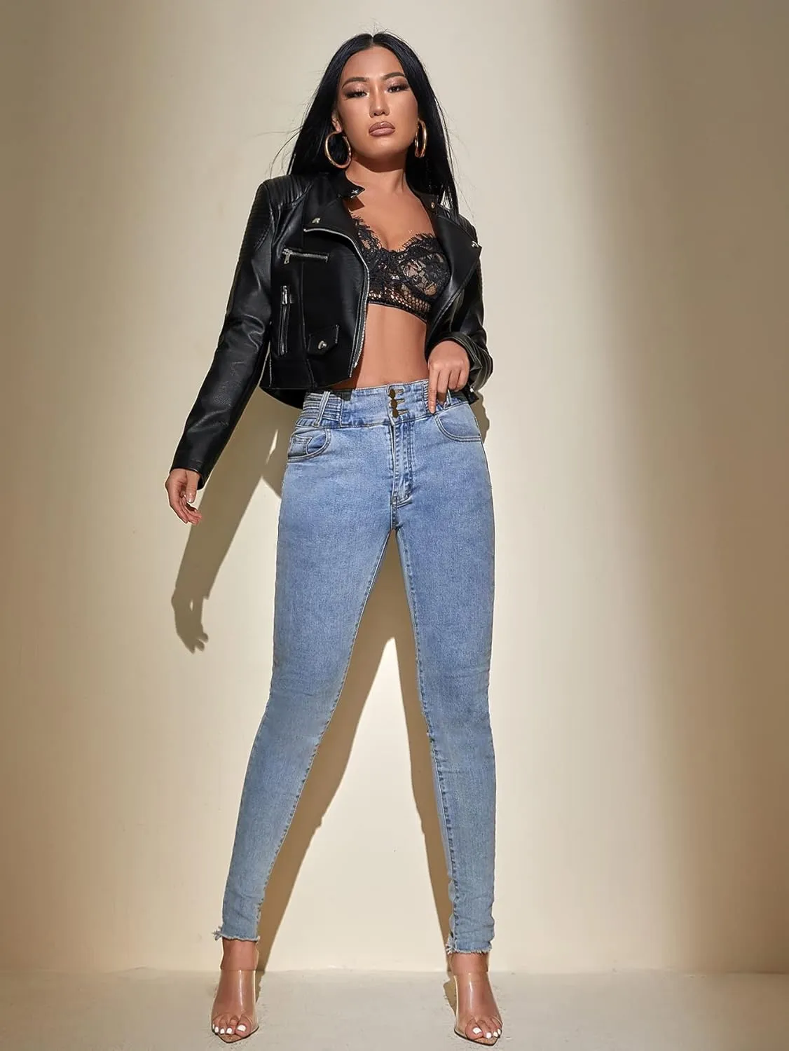 MakeMeChic Women's Petite Casual Faux Leather Cropped Jacket Zip Up Long Sleeve Moto Biker Coat