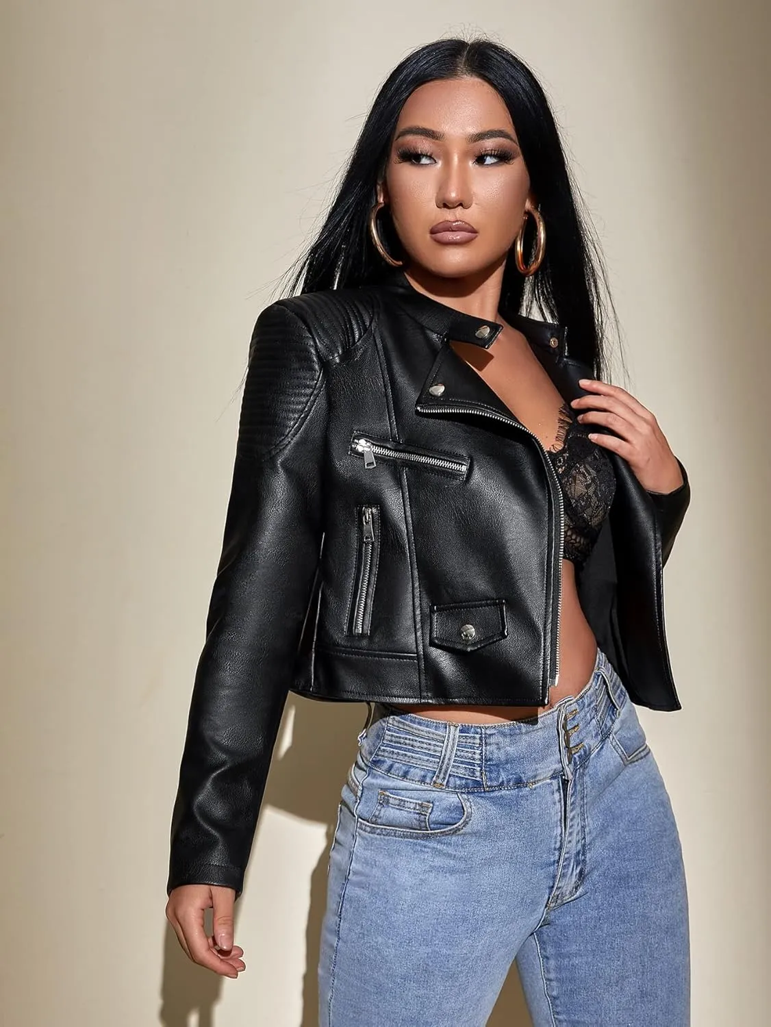 MakeMeChic Women's Petite Casual Faux Leather Cropped Jacket Zip Up Long Sleeve Moto Biker Coat