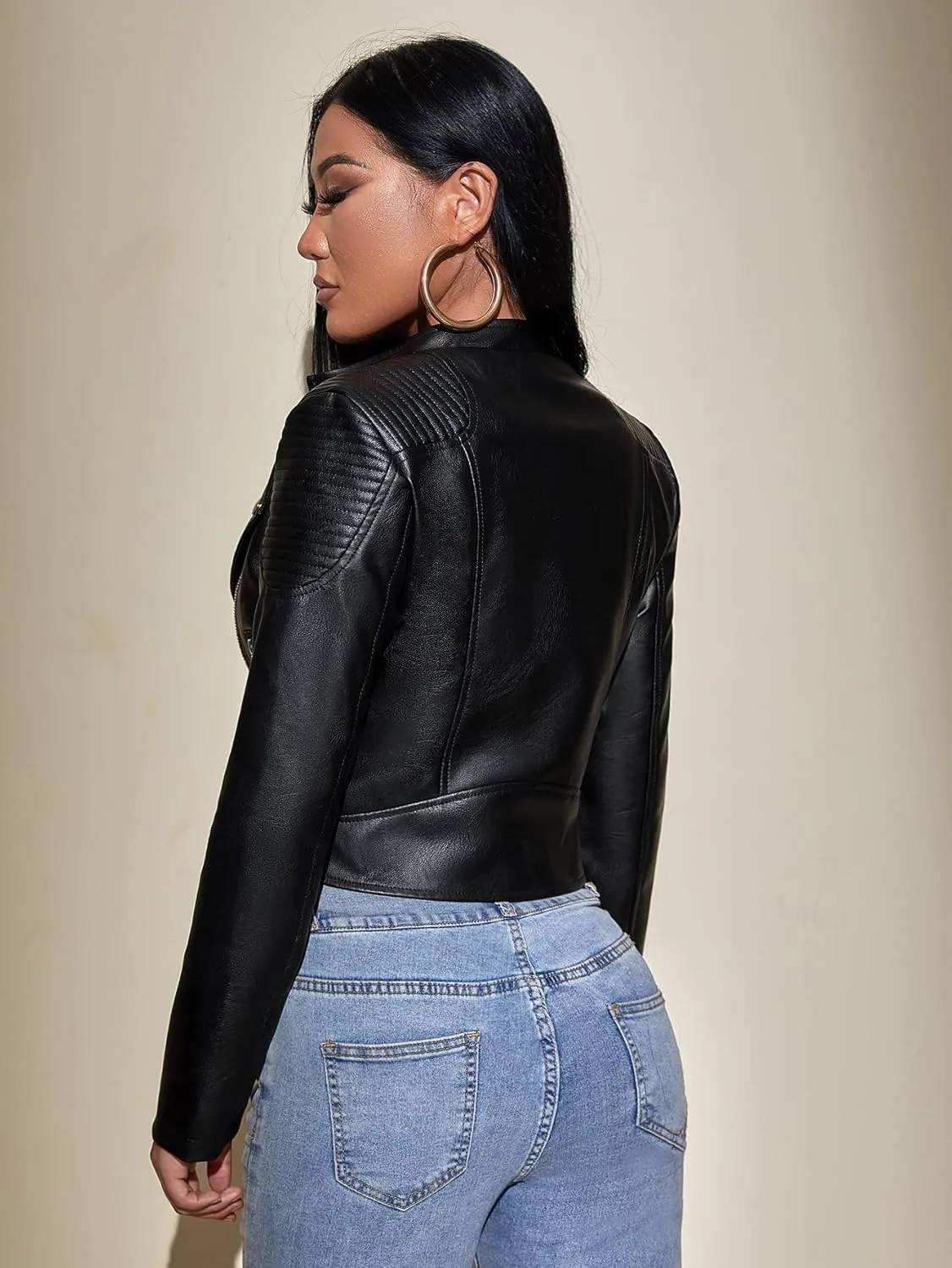 MakeMeChic Women's Petite Casual Faux Leather Cropped Jacket Zip Up Long Sleeve Moto Biker Coat